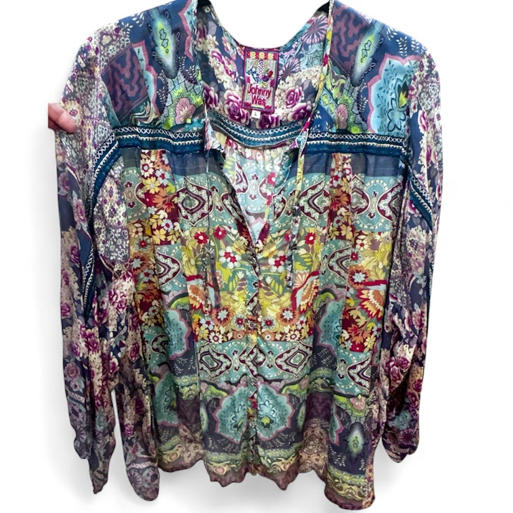 Johnny Was Vibrant Floral Patchwork Blouse L